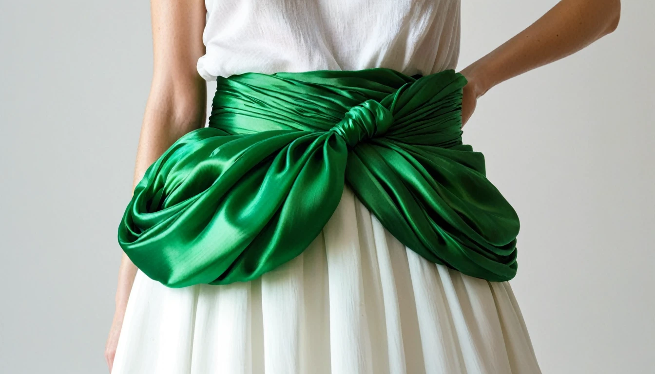 A belt made of shiny green silk. Informal messy design. Loosely twisted and wrapped material, makeshift belt. Being worn over a white skirt