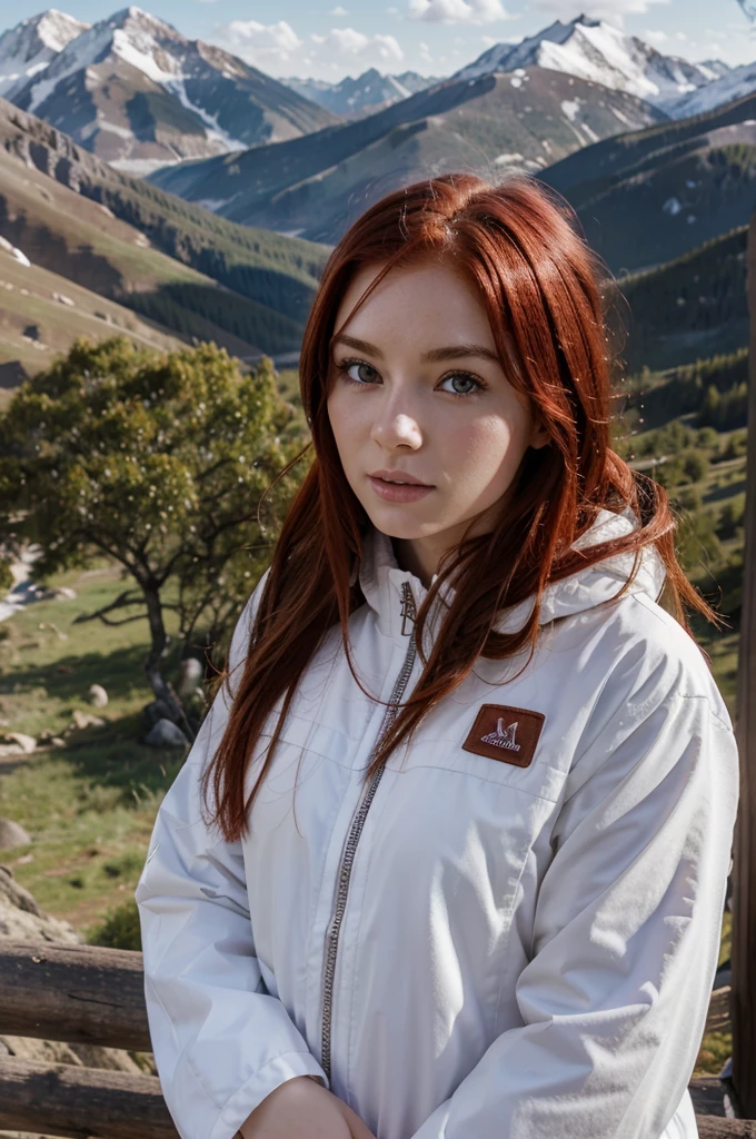 Beautiful Girl White Skin Red Hair in the Mountain Dressed in Mountain Clothing