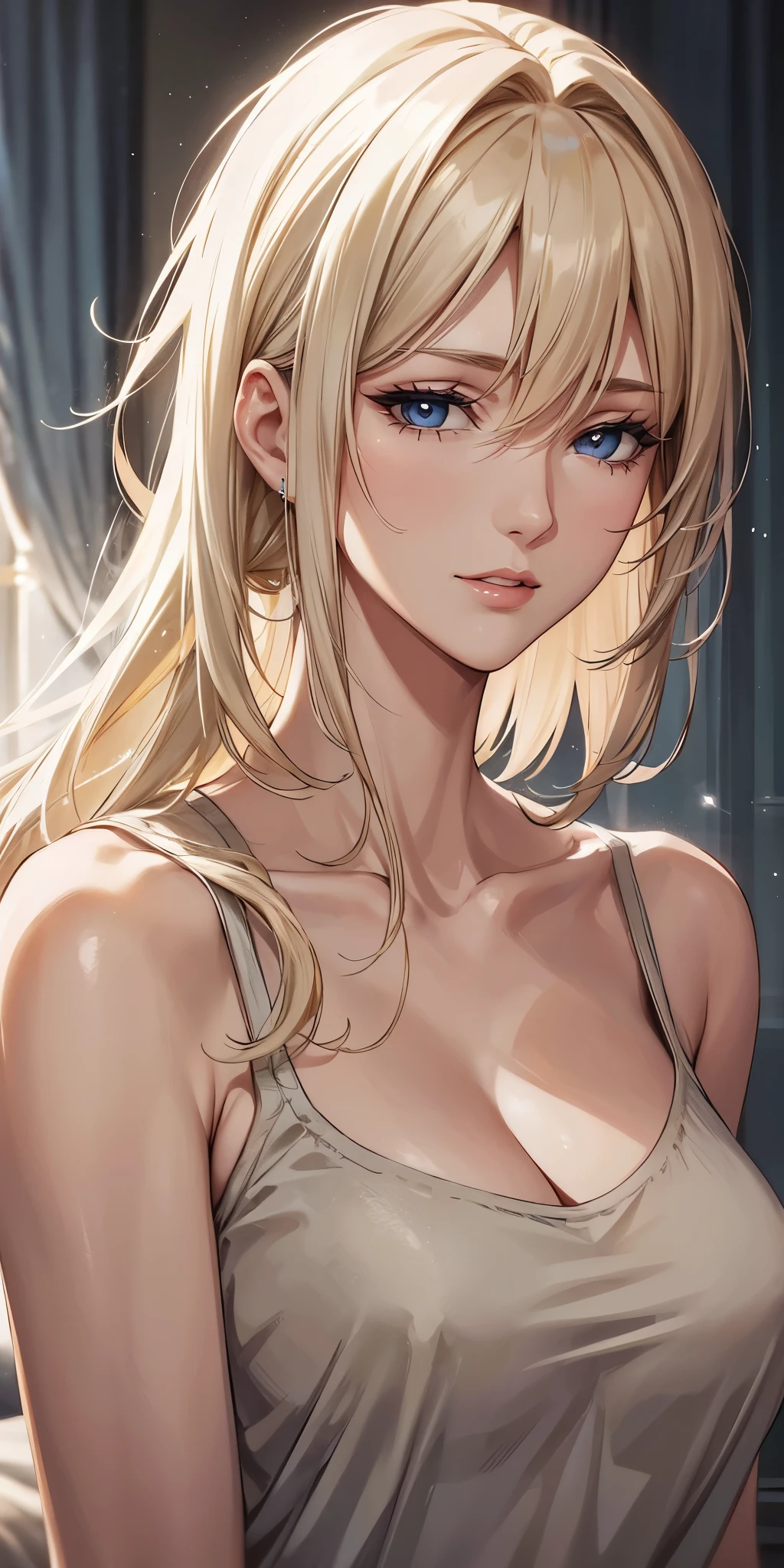 Elegant woman, milf, blonde hair, blue eyes, soft light, high detailed, 4k resolution, high quality