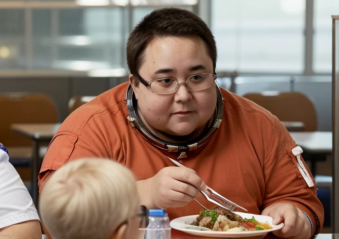 Wearing transparent red prescription glasses,(((He is very chubby and is having a meal in the cafeteria with other Astronauts))), Inside the spacecraft.