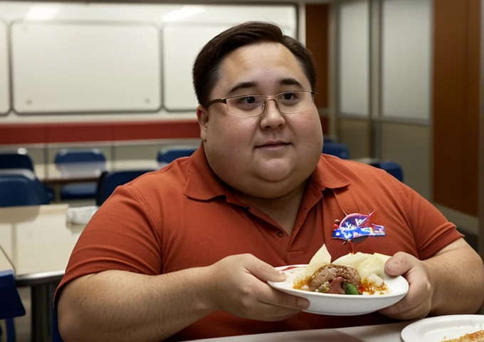 Wearing transparent red prescription glasses,(((He is very chubby and is having a meal in the cafeteria with other Astronauts))), Inside the spacecraft.