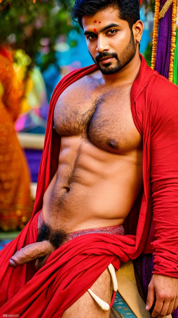 A sexy indian man wearing red shirt, nsfw, homoerotic, masterpiece, detailed background, movie like visuals, crisp and clear photo, realistic, colourfull, best quality photo,