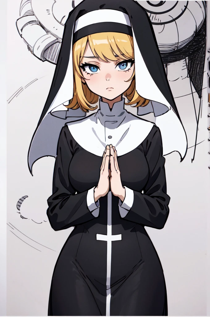 a drawing of a nun with her hands folded in prayer, clean anime outlines, perfect lineart, clean lineart, extremely fine ink lineart, nun outfit, simple lineart, beautiful line art, anime style drawing, thick black lineart, black and white manga style, pin on anime