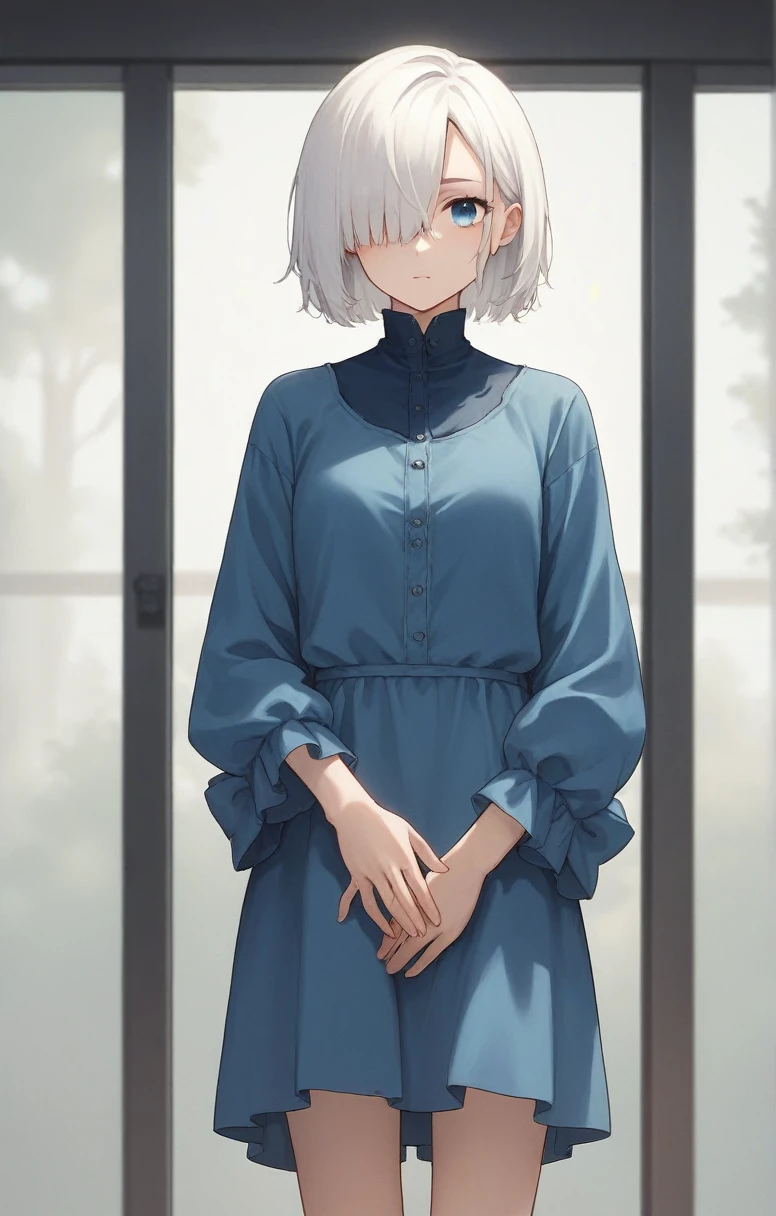 score_9, score_8_up, score_7_up, score_6_up, score_5_up, score_4_up, BREAK source_anime, one anime girl, blue eyes, white hair, medium hair, hair covers one eye, white and blue dress, standing
