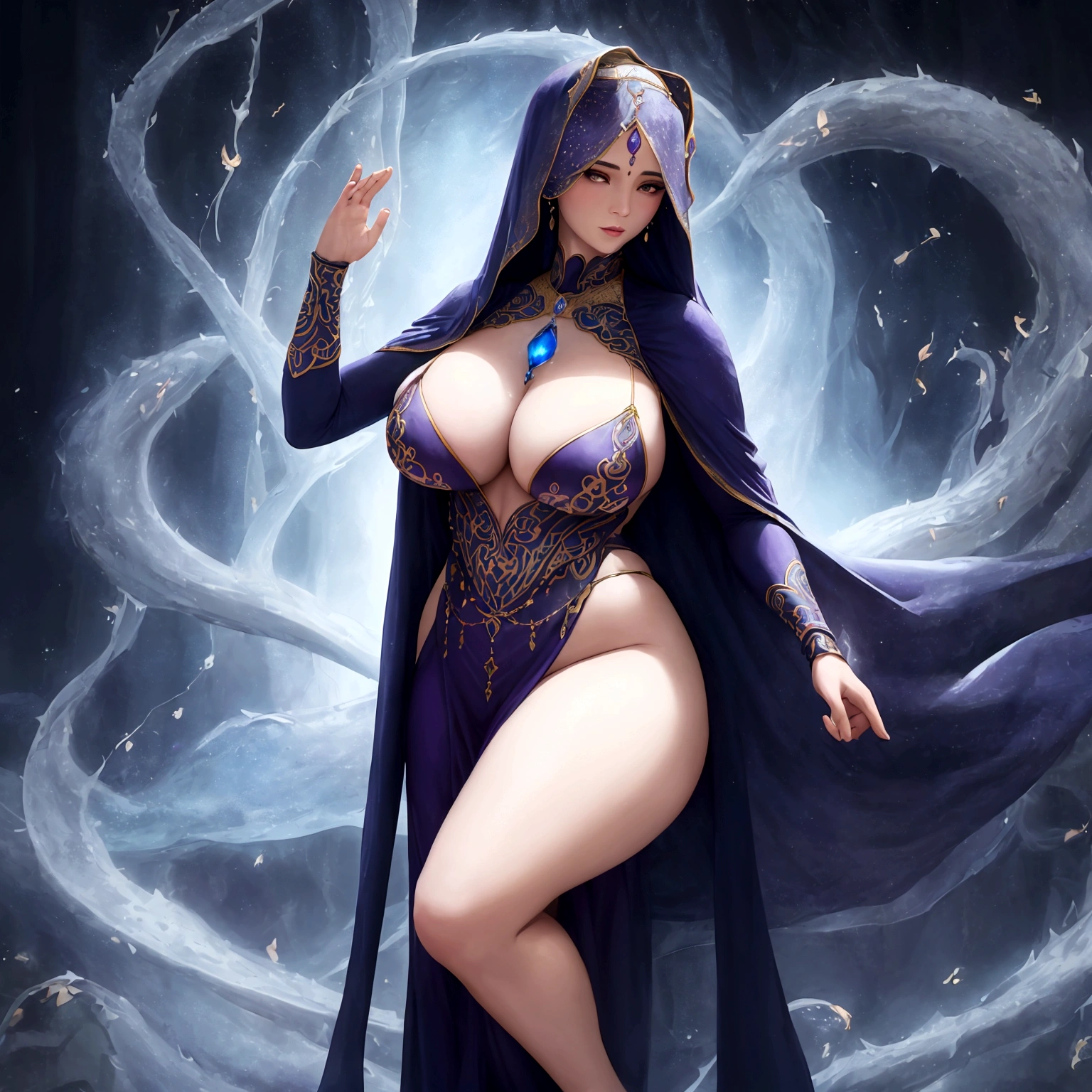 (best quality,4k,highres,masterpiece:1.2),ultra-detailed,(realistic:1.37)
A mature curvaceous Malaysian woman with her age at 40, dressed in a hijab that covers all of her hair, is standing in the center of a mystical scene. She is wearing a beautiful silk magic gown that shimmers with an otherworldly glow. The gown flows gracefully around her figure, accentuating her curves and adding an air of elegance to her presence.

The woman is a witch, strong and knowledgeable in the mystic arts. She stands confidently with her hands raised, as if channeling her magical powers. Around her, a magic circle adorns the ground with intricate symbols and glowing sigils. The circle is made from a combination of runes and arcana, pulsating with energy in vibrant colors of blues and purples.

As the woman continues her summoning, a mythical monster starts to materialize from within the magic circle. The creature is a magnificent being, towering with a majestic presence. Its body is covered in shimmering scales, reflecting the light around it in a mesmerizing display. The creature's form is a combination of various animals, with wings of an eagle, the tail of a serpent, and the head of a lion.

The scene is bathed in an ethereal light, reminiscent of moonlight casting an enchanting glow. The soft illumination illuminates the woman's face, revealing a calm and focused expression. Her eyes emit a glimmer of magic, while her lips are curved in determination.

The background is an enchanted forest, with towering trees reaching towards the sky. The forest is filled with vibrant foliage, casting shadows and adding layers of depth to the overall composition. The air is filled with an aura of mystery and anticipation, as if the entire world holds its breath in awe of the imminent manifestation.

The color palette of the scene is rich and vivid, with deep shades of blues and purples dominating the overall tone. The contrasting warm hues of the woman's gown provide a beautiful balance and creat