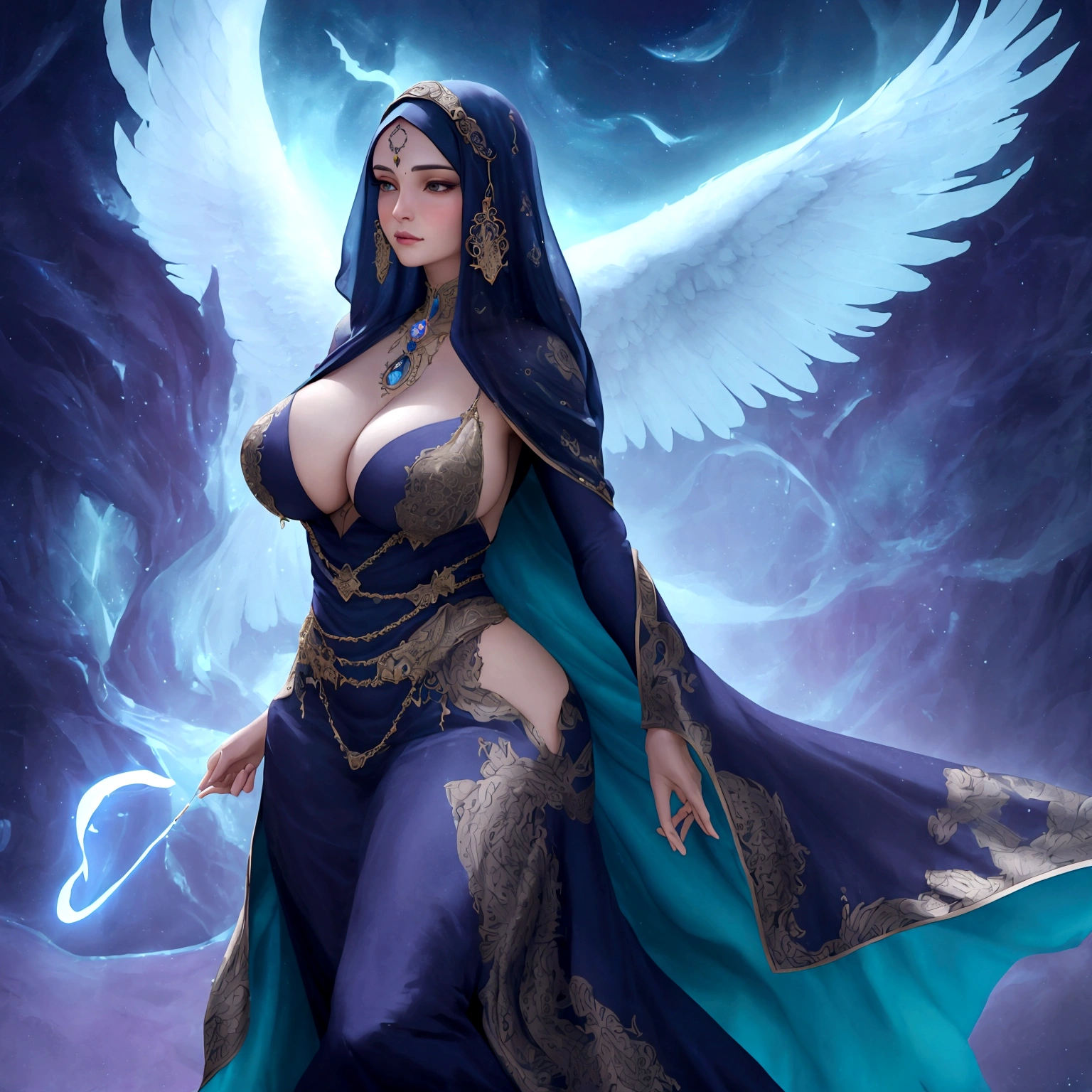 (best quality,4k,highres,masterpiece:1.2),ultra-detailed,(realistic:1.37)
A mature curvaceous Malaysian woman with her age at 40, dressed in a hijab that covers all of her hair, is standing in the center of a mystical scene. She is wearing a beautiful silk magic gown that shimmers with an otherworldly glow. The gown flows gracefully around her figure, accentuating her curves and adding an air of elegance to her presence.
The woman is a witch, strong and knowledgeable in the mystic arts. She stands confidently with her hands raised, as if channeling her magical powers. Around her, a magic circle adorns the ground with intricate symbols and glowing sigils. The circle is made from a combination of runes and arcana, pulsating with energy in vibrant colors of blues and purples.
As the woman continues her summoning, a mythical monster starts to materialize from within the magic circle. The creature is a magnificent being, towering with a majestic presence. Its body is covered in shimmering scales, reflecting the light around it in a mesmerizing display. The creature's form is a combination of various animals, with wings of an eagle, the tail of a serpent, and the head of a lion.
The scene is bathed in an ethereal light, reminiscent of moonlight casting an enchanting glow. The soft illumination illuminates the woman's face, revealing a calm and focused expression. Her eyes emit a glimmer of magic, while her lips are curved in determination.
The background is an enchanted forest, with towering trees reaching towards the sky. The forest is filled with vibrant foliage, casting shadows and adding layers of depth to the overall composition. The air is filled with an aura of mystery and anticipation, as if the entire world holds its breath in awe of the imminent manifestation.
The color palette of the scene is rich and vivid, with deep shades of blues and purples dominating the overall tone. The contrasting warm hues of the woman's gown provide a beautiful balance and creat