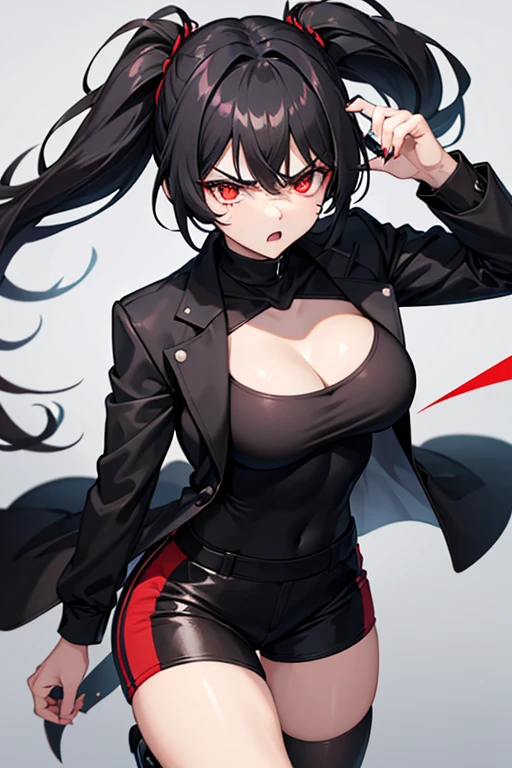 Extremely angry tomboy girl ,super attractive and strong personality black coat outfit and black white hair,red eye athletic body