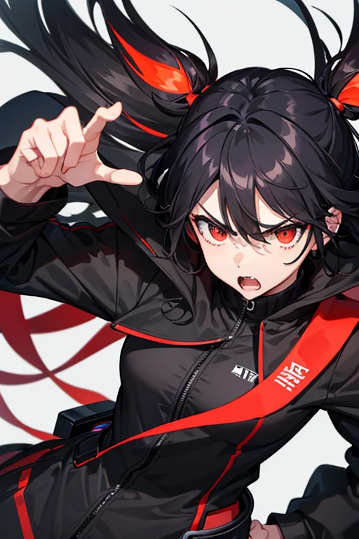 Extremely angry tomboy girl ,super attractive and strong personality black coat outfit and black white hair,red eye athletic body 