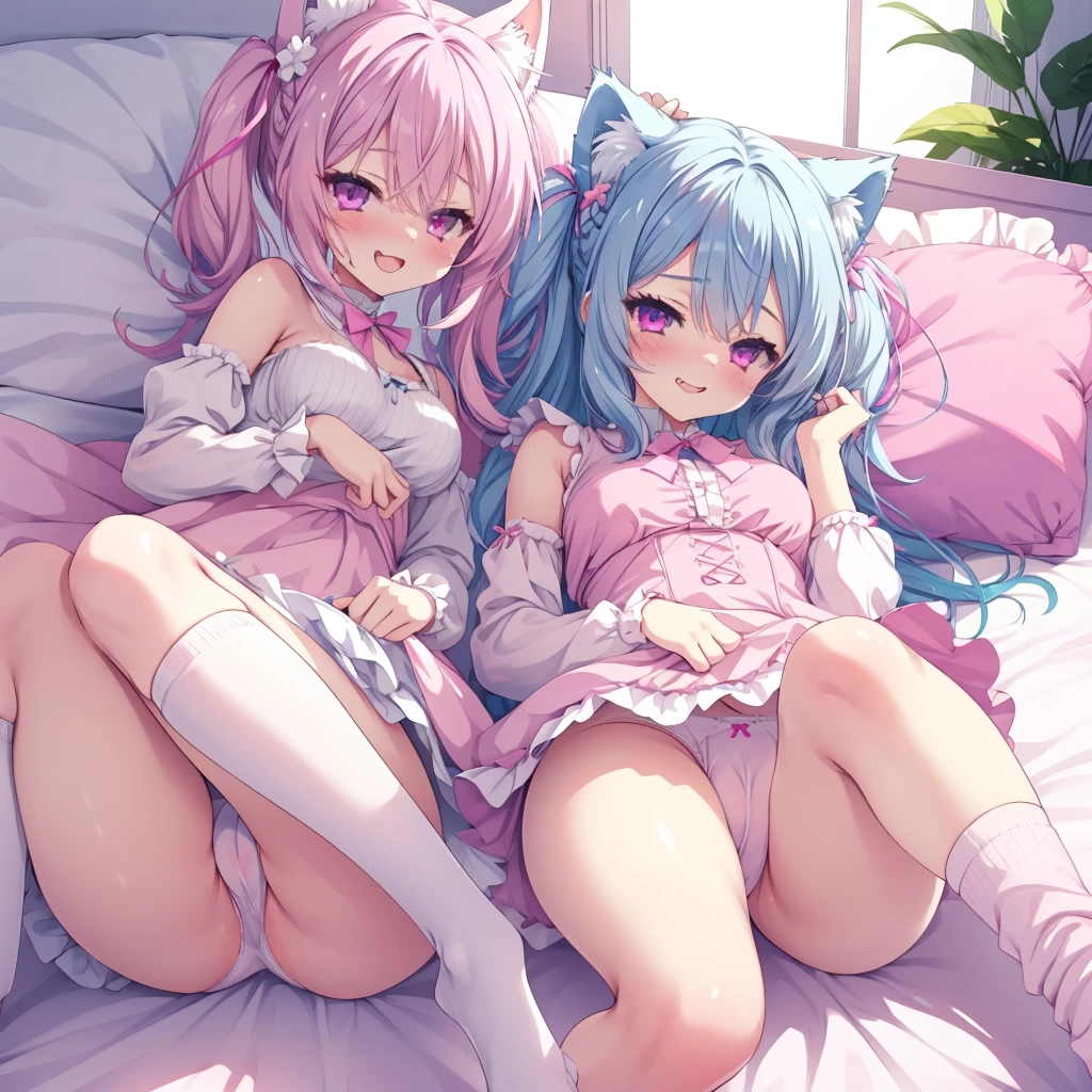 nsfw,Two Girls,ffm, lying down,Lift both legs,Sex,panties,Light blue hair,Light pink hairstyles,Cat ear,Pink Eyes,light blue ta,White socks,,Pink ribbon,Laughing with your mouth open,Best image quality,Highest quality