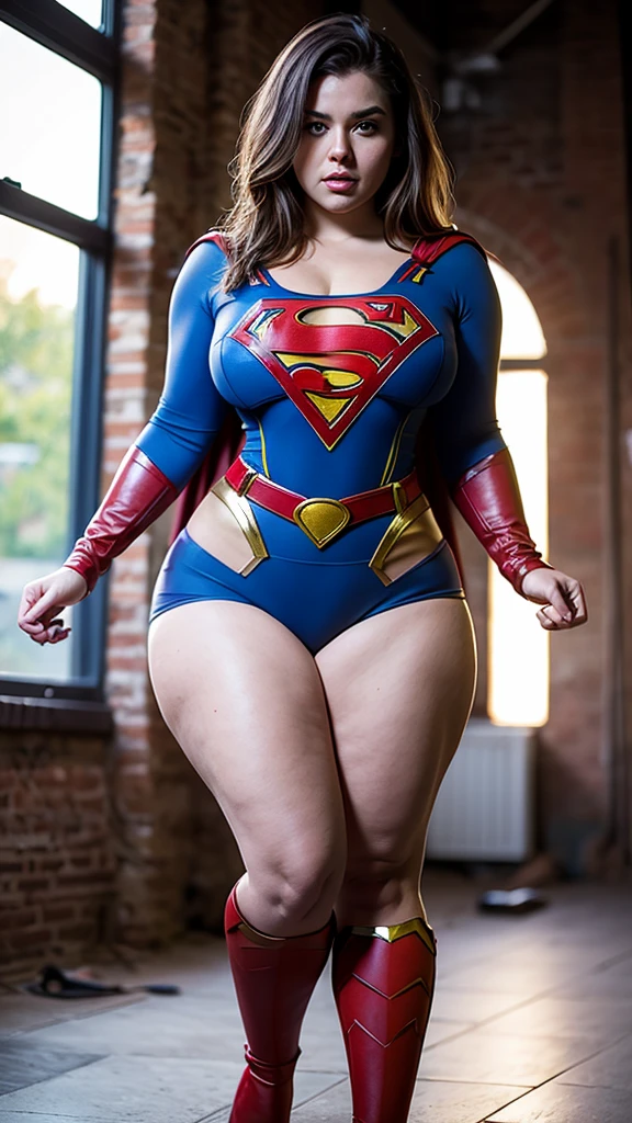 1sexy girl, wearing torn supergirl costume, flying, firm body, BRUNETTE hair, shining blue eyes, sultry posing. (Thick thighs:1.3) ((PAWG BODY)) (CLEAVAGE:1.2)