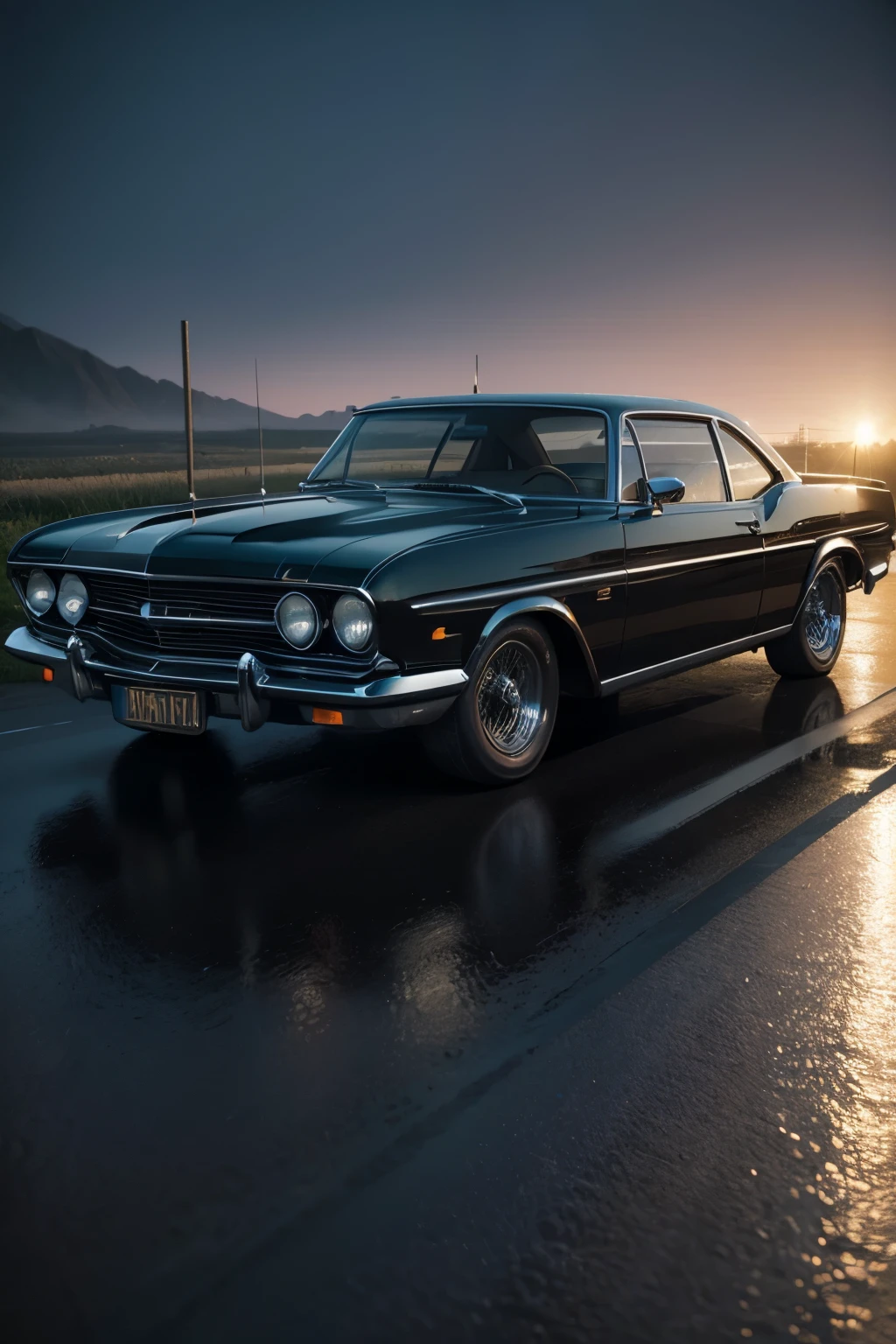 vintage cars, 3d, ultrarealistic, darkness background, isometric wide view