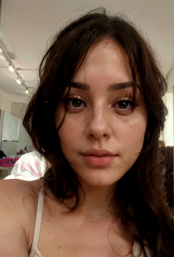 beautiful brunette woman taking realistic selfie