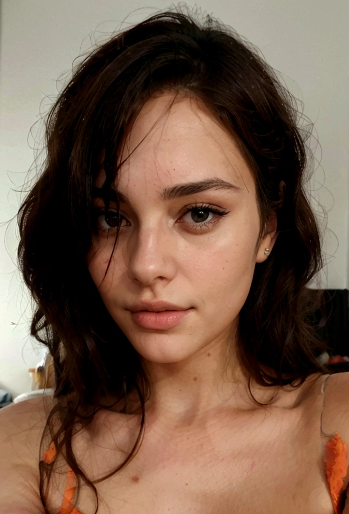 beautiful brunette woman taking realistic selfie