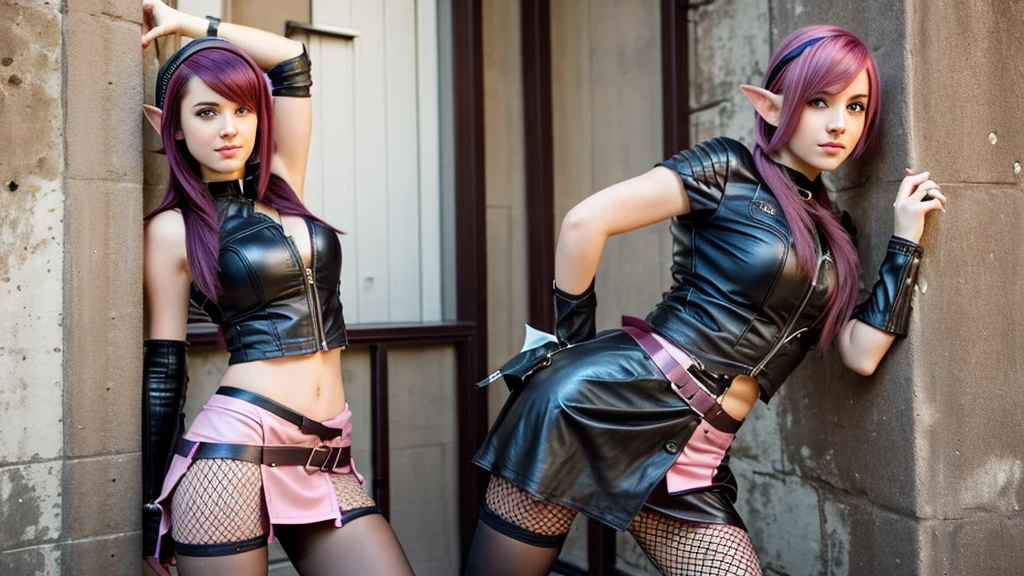 Young elf. With a dominant facial expression. Short dark pink hair. And pink eyes. In leather clothes, a straight short skirt and fishnet tights. She has a slim figure. She leaned sexily against the wall of the house.
