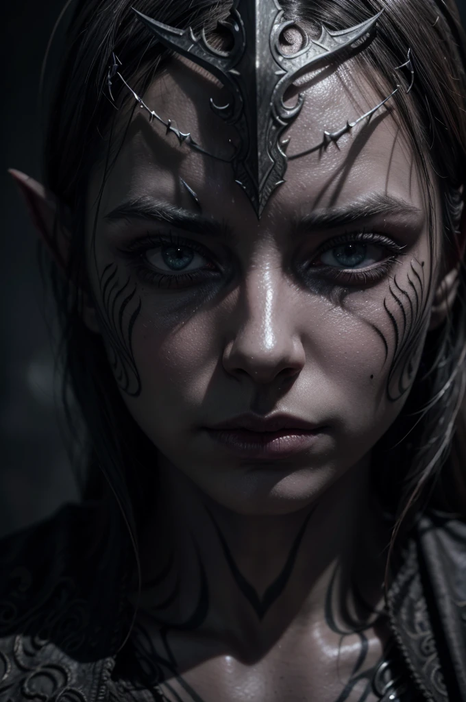 a dunmer worshiper of boethiah, detailed portrait, intense glowing orange eyes, intricate face tattoos, dark elf, dramatic lighting, moody atmosphere, dark fantasy, cinematic, dramatic, high contrast, chiaroscuro, volumetric lighting, dramatic shadows, dark color palette, rich textures, highly detailed, award winning digital art, octane render, unreal engine