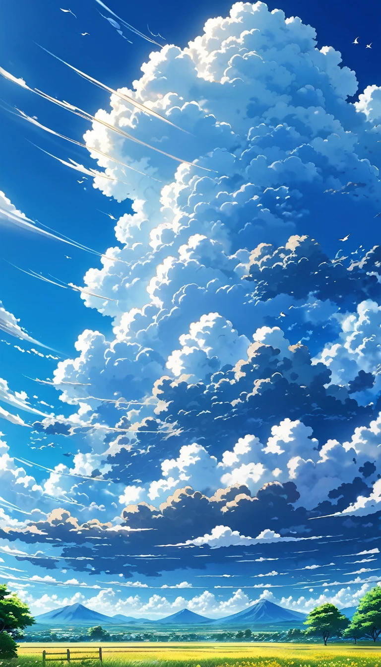 Highly detailed anime scenery, Blue sky and cumulonimbus clouds、Cumulonimbus clouds illuminated by sunlight, Beautiful horizon, From afar、Beautiful birds flying、Large fluffy cumulonimbus cloud, Calm Sky Anime Nature Wallpaper, Beautiful scene from anime, Beautiful anime peace scenes, Xin Haicheng , Beautiful anime scene, Beautiful Landscape、Summer landscape、Impressive scenery、Awesome Wallpapers, wallpaper anime art 8k, Anime Background, Anime Art Background, Anime 4K Wallpapers, Anime Art 4K Wallpaper, Anime Art 4K Wallpaper,