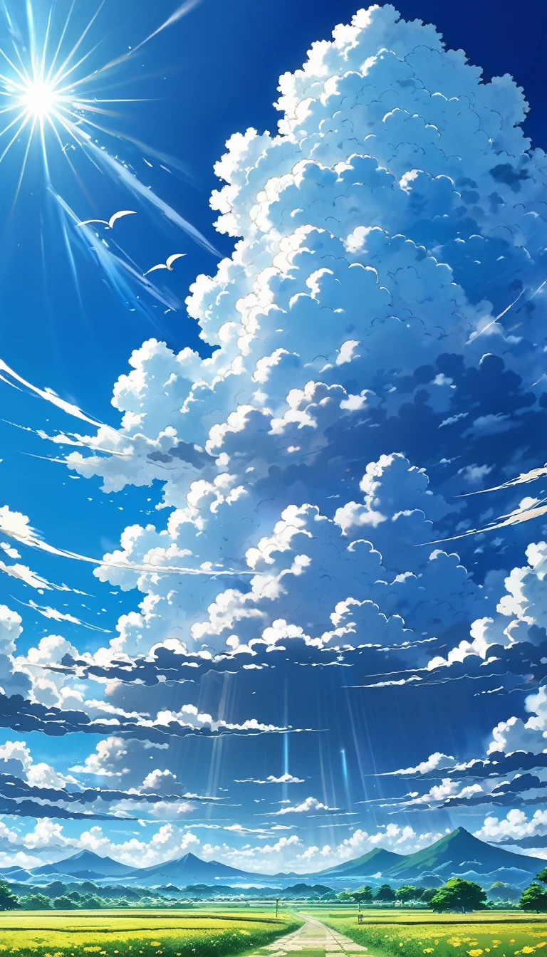 Highly detailed anime scenery, Blue sky and cumulonimbus clouds、Cumulonimbus clouds illuminated by sunlight, Beautiful horizon, From afar、Beautiful birds flying、Large fluffy cumulonimbus cloud, Calm Sky Anime Nature Wallpaper, Beautiful scene from anime, Beautiful anime peace scenes, Xin Haicheng , Beautiful anime scene, Beautiful Landscape、Summer landscape、Impressive scenery、Awesome Wallpapers, wallpaper anime art 8k, Anime Background, Anime Art Background, Anime 4K Wallpapers, Anime Art 4K Wallpaper, Anime Art 4K Wallpaper,