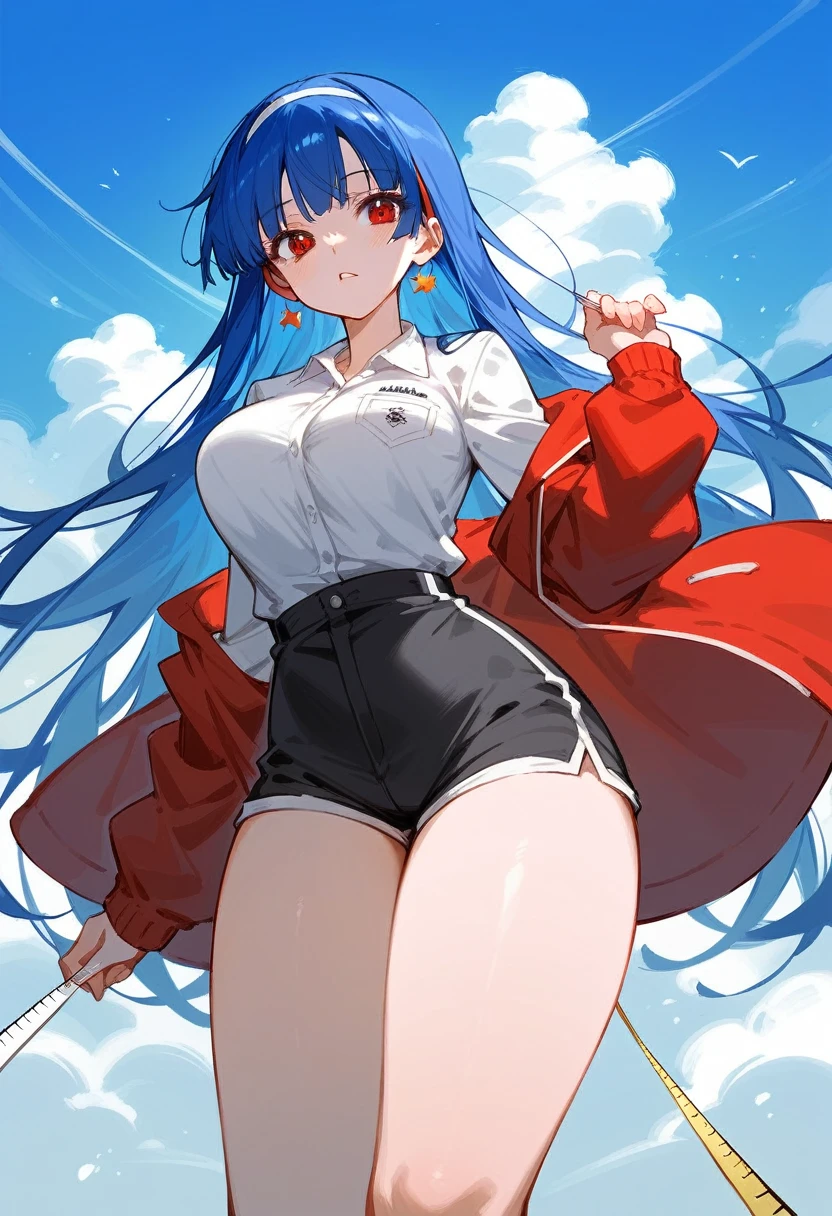 My name is Yukiko.I am a white test woman with long Sky blue hair,red eye color.I am 1.62 cm tall . My breasts measure 300 cm, my waist 40 cm and my hips 200 cm. Dressed in a tight, low-cut pink blouse along with short black shorts . With breasts 300 cm