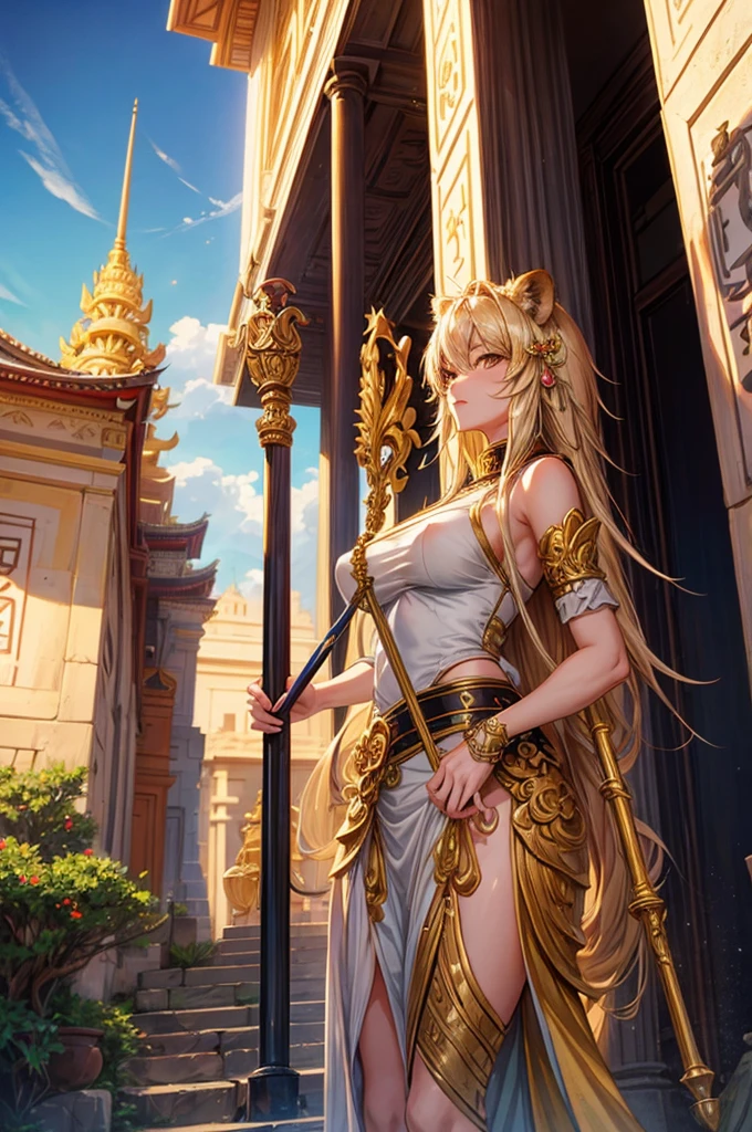 A lion neko girl, holding a staff, she is Infront of a temple in the desert, she is a godess