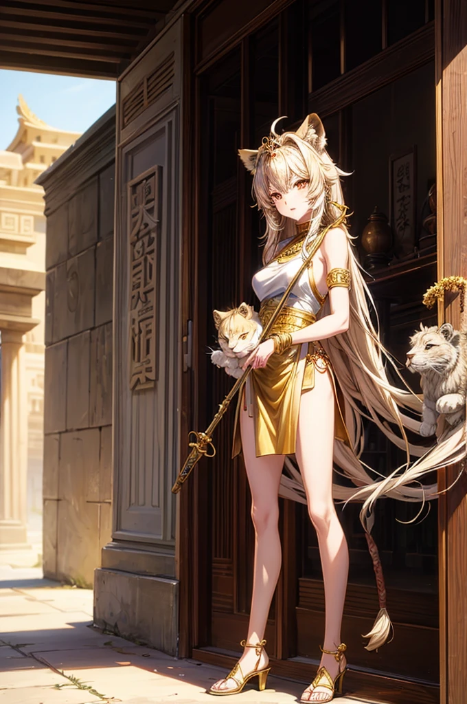 A lion neko girl, holding a staff, she is Infront of a temple in the desert, she is a godess