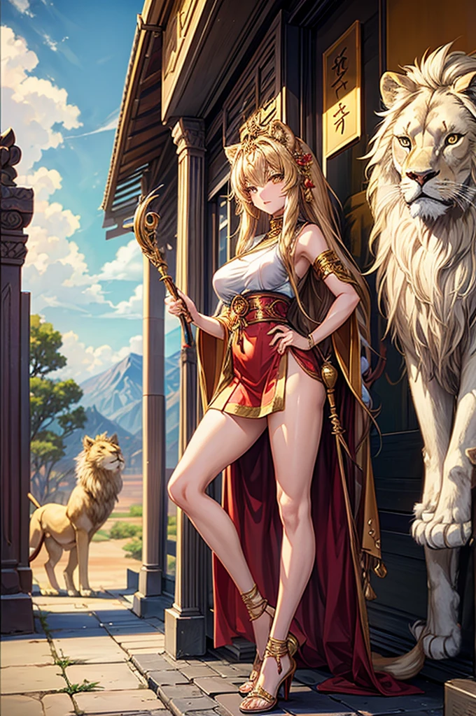 A lion neko girl, holding a staff, she is Infront of a temple in the desert, she is a godess