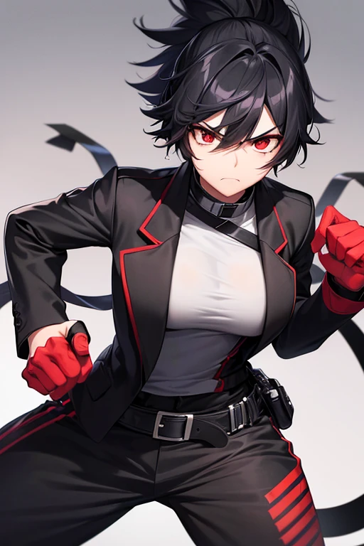 Extremely angry tomboy girl ,super attractive and strong personality black coat outfit and black white hair,red eye athletic body