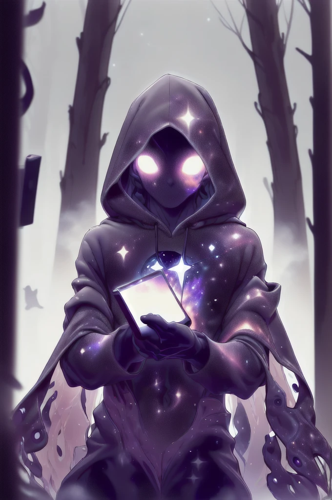 dark celestialskin body , void cosmic body, colored skin, flat color, jet black skin, a white cloak, hood on, holding an open book infront of him, silhouette,1boy, 
portrait, upper body,in a forest , front view, holding a book, a flying book, flying pages.