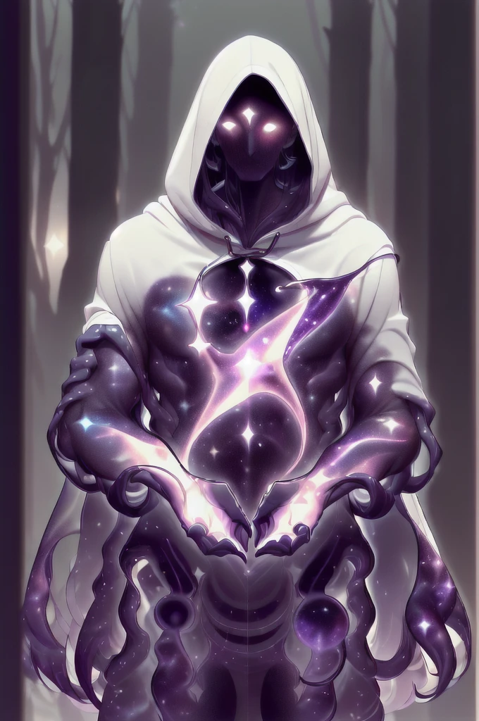 dark celestialskin body , void cosmic body, colored skin, flat color, jet black skin, a white cloak, hood on, holding an open book infront of him, silhouette,1boy, 
portrait, upper body,in a forest , front view, holding a book, a flying book, flying pages.
