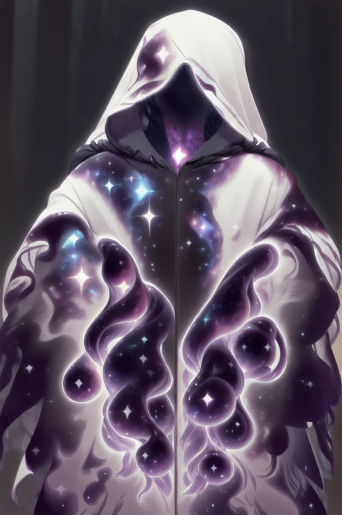 dark celestialskin body , void cosmic body, colored skin, flat color, jet black skin, a white cloak, hood on, holding an open book infront of him, silhouette,1boy, 
portrait, upper body,in a forest , front view, holding a book, a flying book, flying pages.
