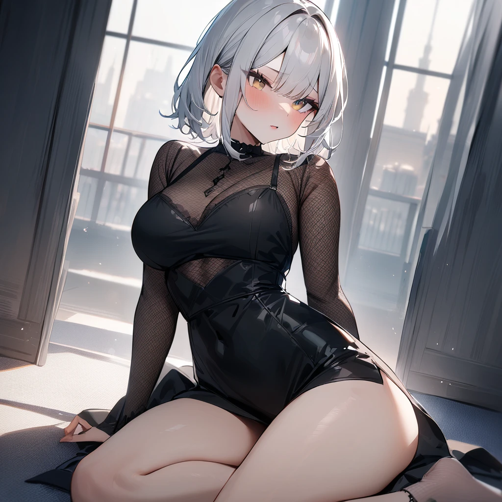 1 girl,Solo,White hair,tow torn color,lovely,masterpiece, best quality, very aesthetic,masterpiece, high quality,best quality, very aesthetic,absurdres,Thighs,(Between:1.3),(mesh)