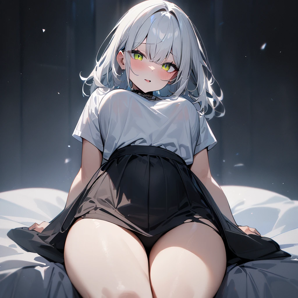 1 girl,Solo,White hair,tow torn color,lovely,masterpiece, best quality, very aesthetic,masterpiece, high quality,best quality, very aesthetic,absurdres,Thighs,(Between:1.3),(mesh)
