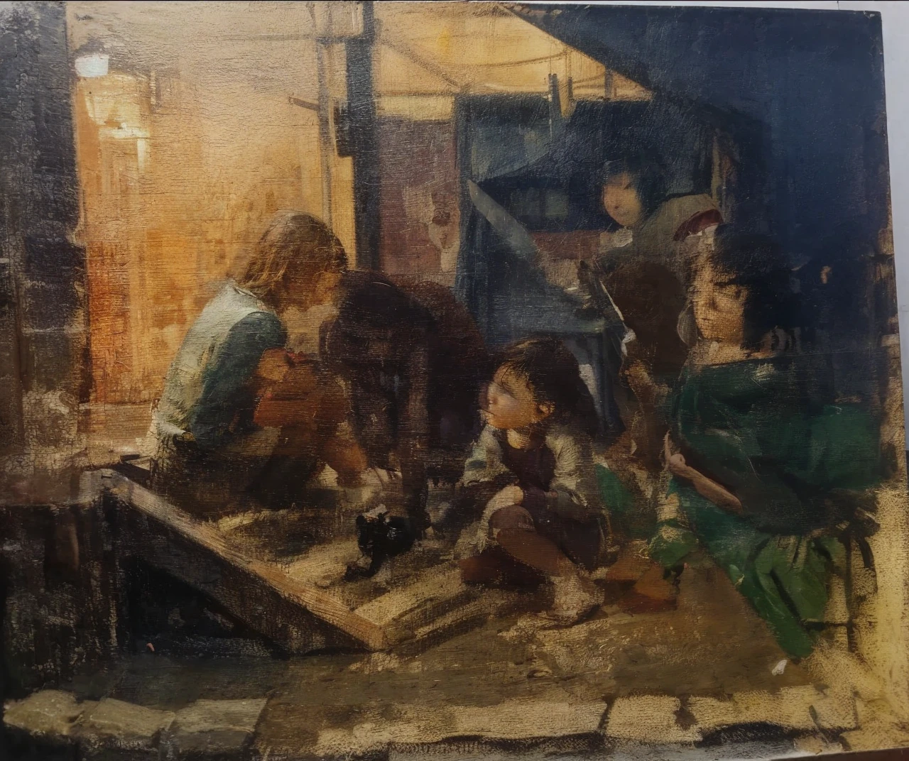 Composition based on everyday life, village, rain and night outside, wind, three children on a lamp-lit veranda, the leftmost boy is just sitting, looking at the kitten, girl sits and looks at the kitten, crouching down, and the rightmost character, a boy, covers a girl and a kitten with his jacket
