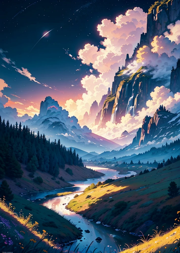 a large field of black flowers with petals blown by the wind, luna llena1, circular clouds, waterfall and mountains background, BREAK, girl looking at the moon, bright and strong colors, (ultrarealistic), {Extremely detailed CG unit 8k wallpaper}, Expansive landscape photography, (a view from below that shows the sky above and focus on the landscape, wide open field view), (low angle shot), (stand out: 1.5), (low light: 1.0 ), (warm light source: 1.5), complex details, (iridescent colors: 1.5), (bright lighting), (atmospheric lighting), Dreamer, magical, landscape