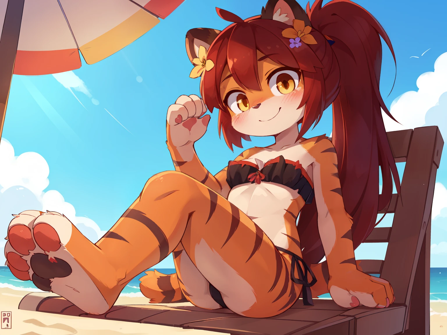 score_9,score_8_up,score_7_up, source_cartoon, source_furry, tiger girl, tiger tail, dark red hair, hair over one eye, medium long high ponytail, hair with volume, long side hair, furry, blush, looking at viewer, smile, 1girl, tiger ears, furry female, orange body fur, ((flower on hair, dark red strapless fringed bandeau bikini)), beach, clear sky, yellow eyes, blush, navel, looking at viewer, sitting on a beach chair, low angle shot, foot focus, feet paws, 3 toes, black paw pads, pink paw pads,