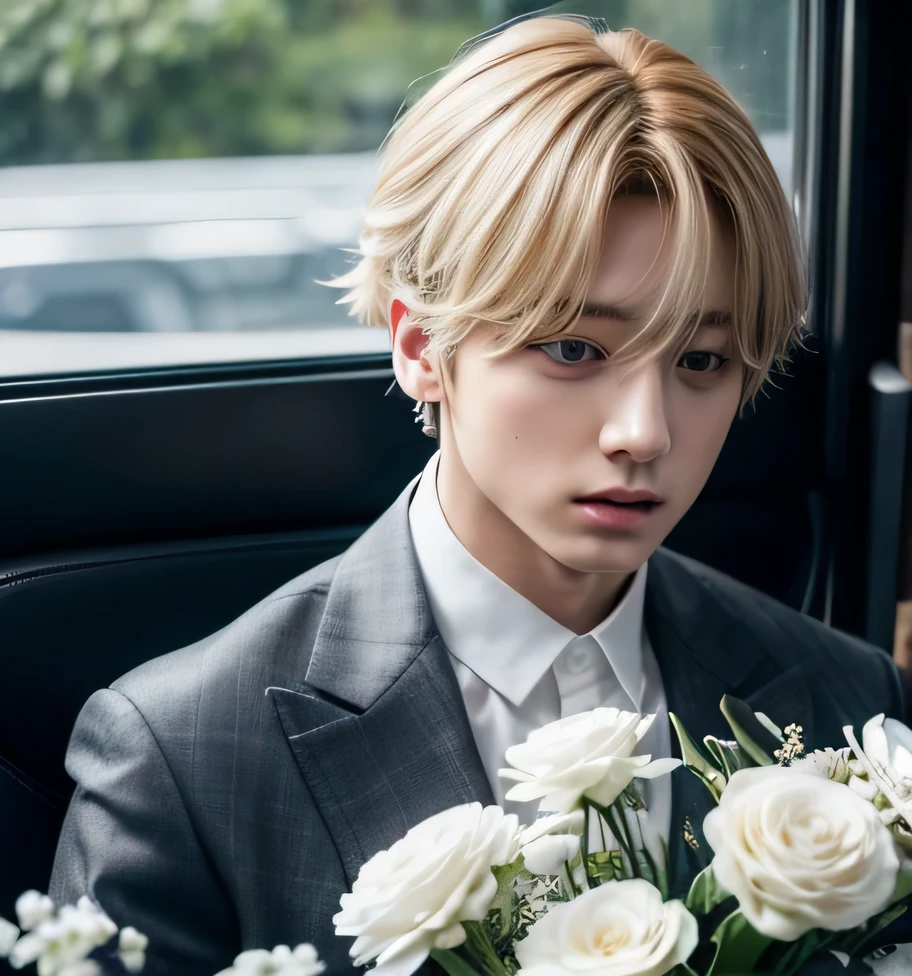 Jungkook nervously hands white flowers to blonde girl with blue eyes
