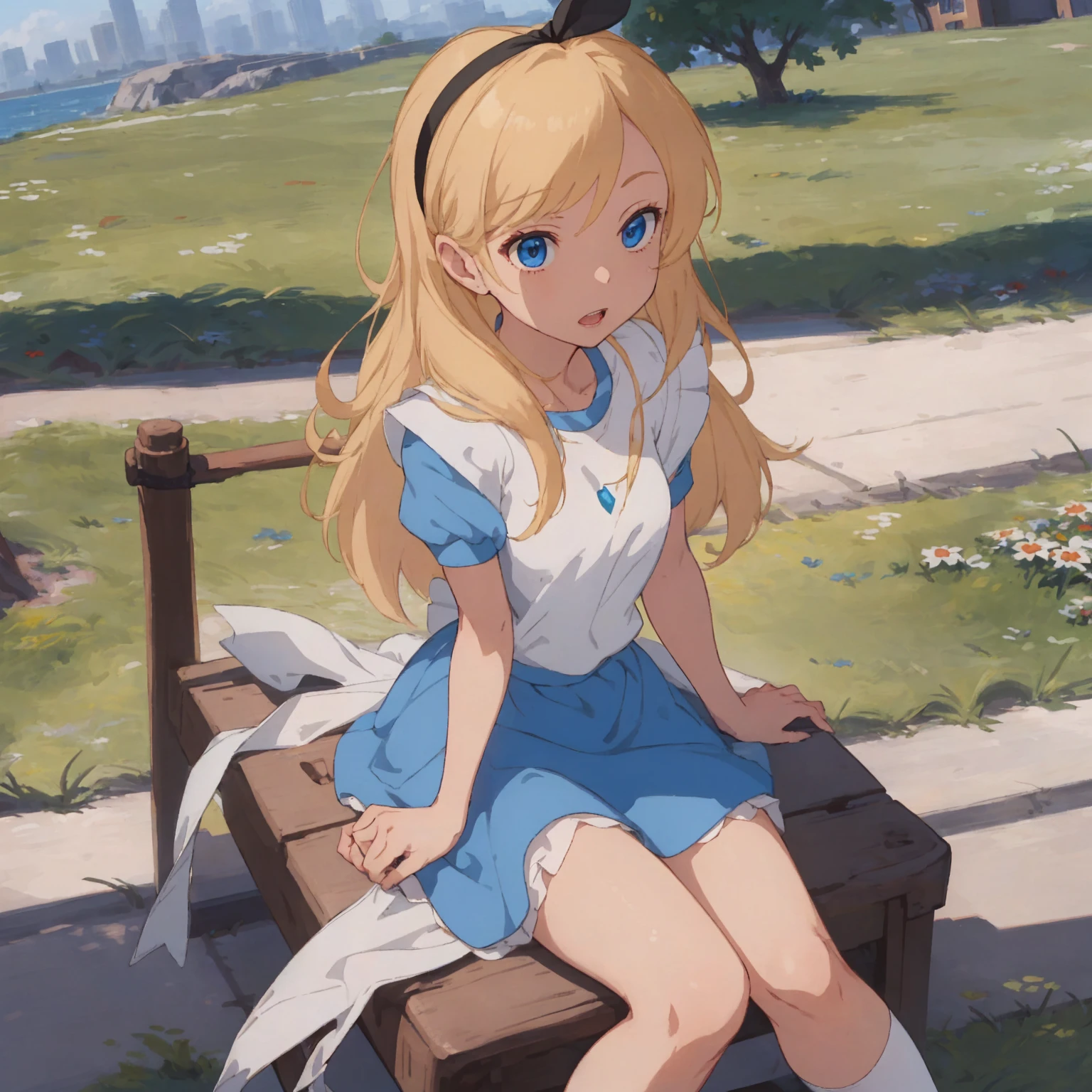 (masterpiece, Highest quality;1.3), Very detailed , One girl, View your viewers, throw, nature, alice liddell, Blue mini skirt, long white socksred String, Black hair band, Blonde long hair, Porn, Seductive posture, Sit on a bench, Spread your legs wide, Grab the hem of your skirt, Roll up your skirt, Accurate anatomy, Cowboy Shot, (I had already finished :1.3) , teeth, Browsing Caution , ((string, String,)):1.3 , Rear View , View your viewers , Present, Expose , Seductive posture, I had already finished, Sexy pose, Fascinating, Under the skirt, sexy and gorgeous panties , Low - Angle, Love juice seeps through panties