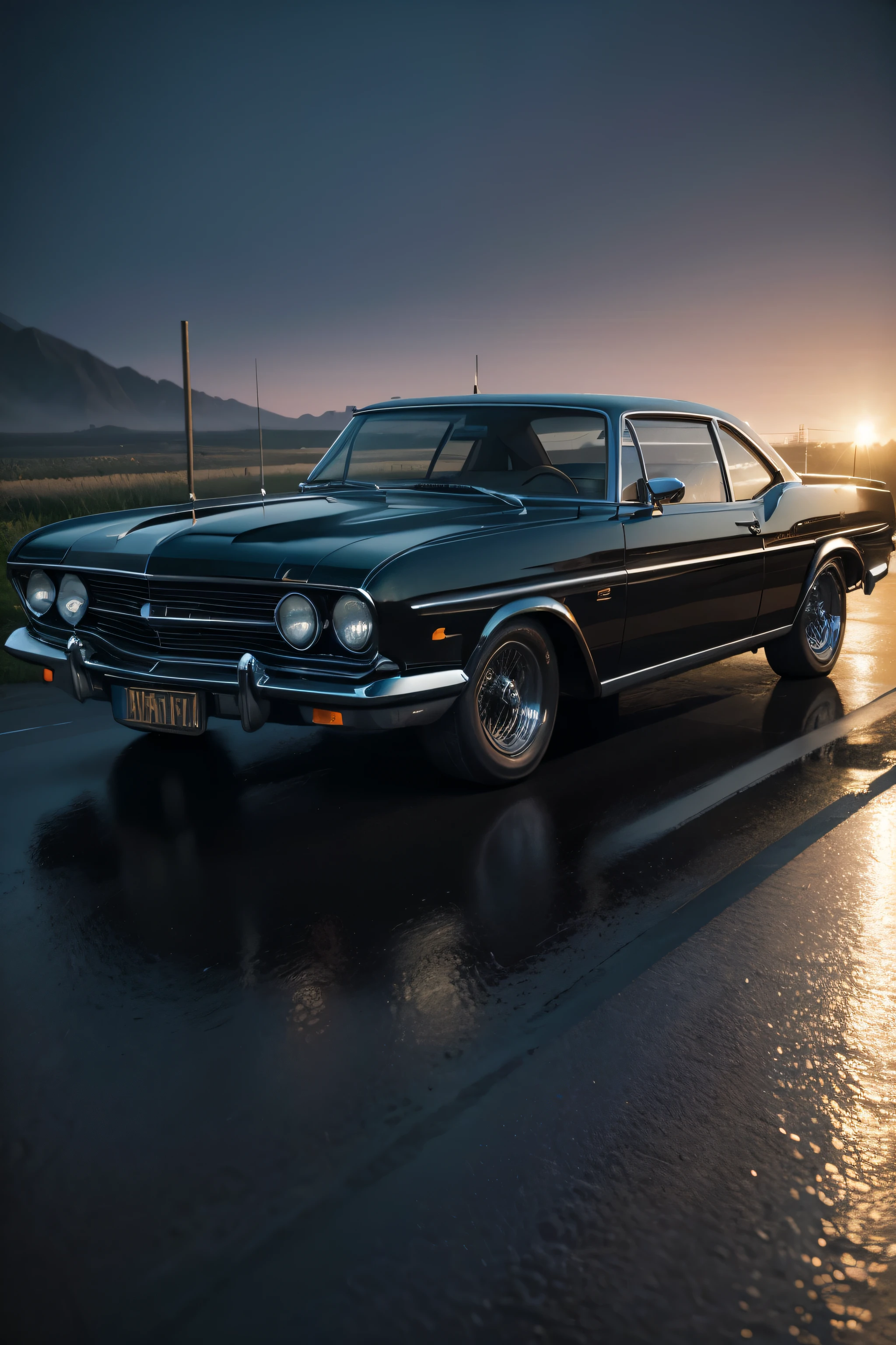 vintage cars, 3d, ultrarealistic, darkness background, isometric wide view