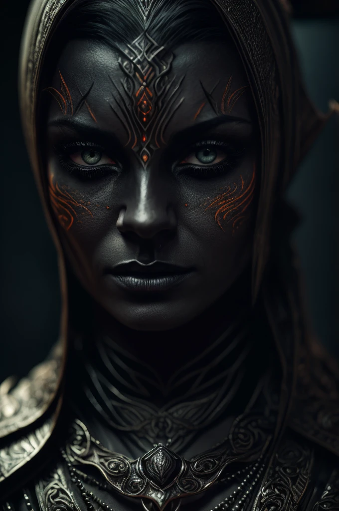 a dunmer worshiper of boethiah, detailed portrait, intense glowing orange eyes, intricate face tattoos, dark elf, dramatic lighting, moody atmosphere, dark fantasy, cinematic, dramatic, high contrast, chiaroscuro, volumetric lighting, dramatic shadows, dark color palette, rich textures, highly detailed, award winning digital art, octane render, unreal engine