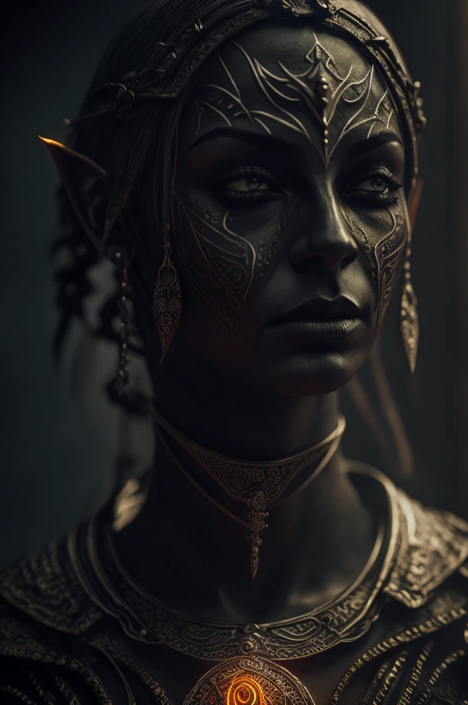 a dunmer worshiper of boethiah, detailed portrait, intense glowing orange eyes, intricate face tattoos, dark elf, dramatic lighting, moody atmosphere, dark fantasy, cinematic, dramatic, high contrast, chiaroscuro, volumetric lighting, dramatic shadows, dark color palette, rich textures, highly detailed, award winning digital art, octane render, unreal engine