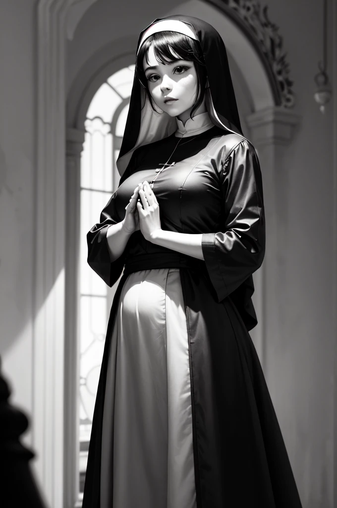 lineart, monochrome, a drawing of a nun with her hands folded in prayer, clean anime outlines, perfect lineart, clean lineart, extremely fine ink lineart, nun outfit, simple lineart, beautiful line art, anime style drawing, thick black lineart, black and white manga style, pin on anime