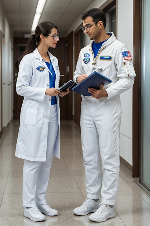 ((A male space scientist in white clothes wearing glasses )),Conversation in the hallway with a female astronaut who is holding a holographic clipboard