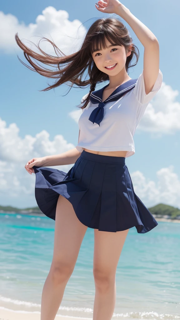 1girl,(((Okinawa ocean)))、(((White sand beaches in Okinawa)))、(((Just join your hands and pray)))、(((Mysterious look)))、8k UHD、Digital single-lens reflex camera、High resolution、Shallow depth of field、Natural light、(((オフショルダーで腕を上げて美しい脇の下をみせてくれる)))、(((Sailor suit)))、(((navy blue super mini skirt)))、(((A sparkling, charming smile)))、(((Full body photography)) )、Small person、(((Young face)))、1 Japanese female、;beautiful girl、(Black Hair)、A strong wind blows up my skirt、(((Brown eyes)))、Glowing Skin、Smooth Thinning Hair、Long Hair、Detailed background、Detailed eyes and face、Clear Eyes、Cute smile、Calm atmosphere、(((stage)))、(((Small breasts)))、(((Beautiful Eyes)))、Flat chest、Children、(((Toned thighs))) 、(((Angle from below) ))、(((Fine lips)))、(((Skirt fluttering)))、Shining beautiful legs、( Skirt fluttering violently in the strong wind :1.4), (hair blowing in the strong wind:1.4), (leaning forward)、barefoot、barefoot、((((A skirt flipped up by a strong wind))))