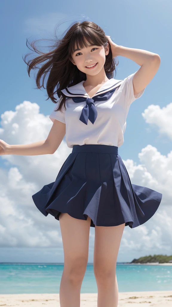 1girl,(((Okinawa ocean)))、(((White sand beaches in Okinawa)))、(((Just join your hands and pray)))、(((Mysterious look)))、8k UHD、Digital single-lens reflex camera、High resolution、Shallow depth of field、Natural light、(((オフショルダーで腕を上げて美しい脇の下をみせてくれる)))、(((Sailor suit)))、(((navy blue super mini skirt)))、(((A sparkling, charming smile)))、(((Full body photography)) )、Small person、(((Young face)))、1 Japanese female、12 years old;beautiful girl、(Black Hair)、A strong wind blows up my skirt、(((Brown eyes)))、Glowing Skin、Smooth Thinning Hair、Long Hair、Detailed background、Detailed eyes and face、Clear Eyes、Cute smile、Calm atmosphere、(((stage)))、(((Small breasts)))、(((Beautiful Eyes)))、Flat chest、Children、(((Toned thighs))) 、(((Angle from below) ))、(((Fine lips)))、(((Skirt fluttering)))、Shining beautiful legs、( Skirt fluttering violently in the strong wind :1.4), (hair blowing in the strong wind:1.4), (leaning forward)、barefoot、barefoot、((((A skirt flipped up by a strong wind))))