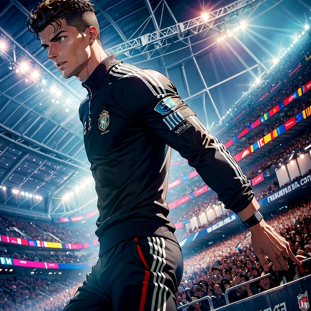 

1. **Iconic Celebration:**
   "Create a detailed painting of Cristiano Ronaldo performing his 'Siiii' celebration. Show his muscular physique, determined expression, and dynamic jump. Place him in a packed stadium with cheering fans, wearing his current club's jersey."

2. **Classic Ronaldo:**
   "Generate a realistic portrait of Cristiano Ronaldo in his Portugal national team jersey. Focus on his chiseled features, confident smile, and neatly styled hair. Use a soft, natural background."

3. **Action Shot:**
   "Illustrate Cristiano Ronaldo mid-air, executing a bicycle kick. Emphasize his athleticism with a detailed soccer field and dynamic lighting."

4. **Elegant Attire:**
   "Create a portrait of Cristiano Ronaldo in a sleek suit, standing in a luxurious setting. Highlight his sharp features, stylish hair, and confident demeanor with an elegant background."

5. **Future Vision:**
   "Design a futuristic artwork of Cristiano Ronaldo with advanced sports gear in a cutting-edge stadium with holographic displays and neon lights. Capture his intense focus."

6. **Inspirational Leader:**
   "Draw Cristiano Ronaldo rallying his teammates with a passionate speech on the field. Focus on his expressive face and gestures, with a grand stadium backdrop highlighting team unity and determination."