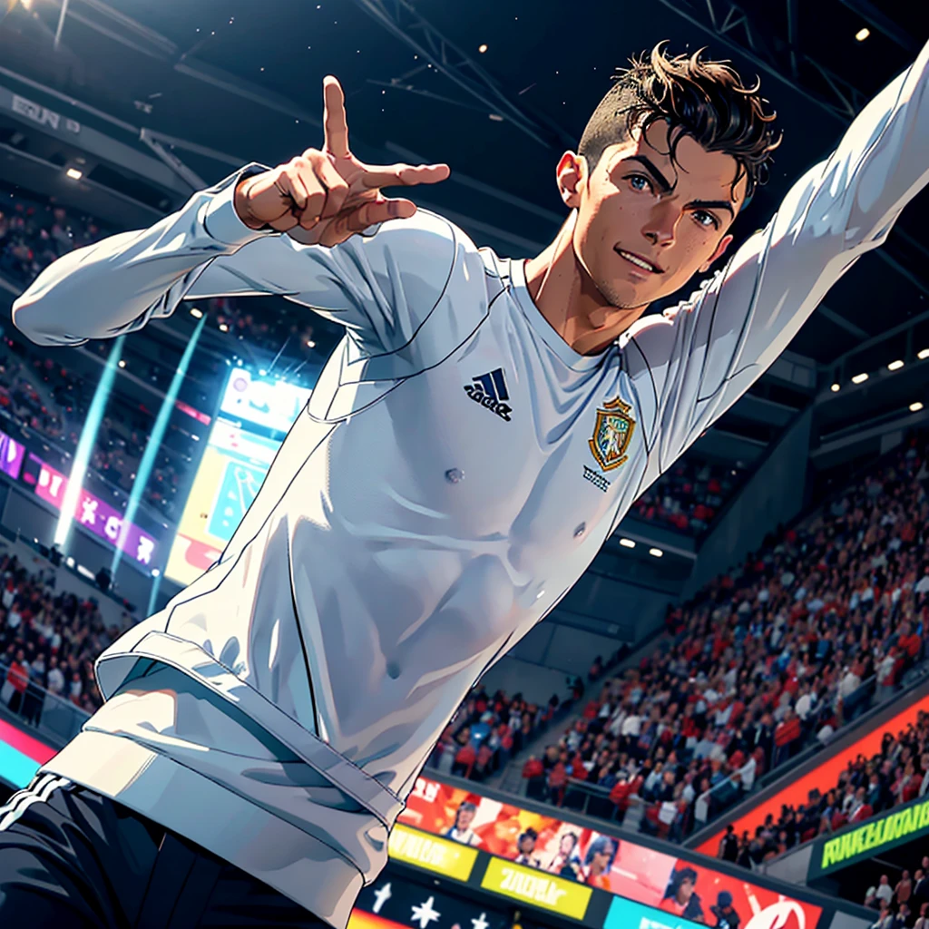 1. **Iconic Celebration:**
"Create a detailed painting of Cristiano Ronaldo performing his 'Siiii' celebration. Show his muscular physique, determined expression, and dynamic jump. Place him in a packed stadium with cheering fans, wearing his current club's jersey."
2. **Classic Ronaldo:**
"Generate a realistic portrait of Cristiano Ronaldo in his Portugal national team jersey. Focus on his chiseled features, confident smile, and neatly styled hair. Use a soft, natural background."
3. **Action Shot:**
"Illustrate Cristiano Ronaldo mid-air, executing a bicycle kick. Emphasize his athleticism with a detailed soccer field and dynamic lighting."
4. **Elegant Attire:**
"Create a portrait of Cristiano Ronaldo in a sleek suit, standing in a luxurious setting. Highlight his sharp features, stylish hair, and confident demeanor with an elegant background."
5. **Future Vision:**
"Design a futuristic artwork of Cristiano Ronaldo with advanced sports gear in a cutting-edge stadium with holographic displays and neon lights. Capture his intense focus."
6. **Inspirational Leader:**
"Draw Cristiano Ronaldo rallying his teammates with a passionate speech on the field. Focus on his expressive face and gestures, with a grand stadium backdrop highlighting team unity and determination."