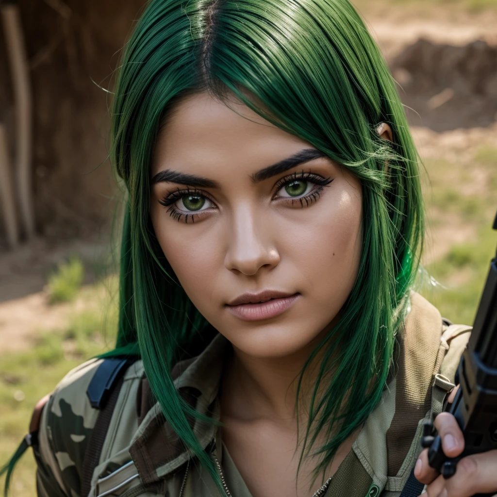 green hair woman, brown eyes playing airsoft
