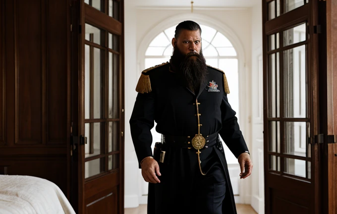 1man, Art Nouveau Style, heavy ink lines, The general enters his room looking at his black bionic right hand . The general orders an immediate exploration of the planet, he has a large, thick white beard he has a general'with hat on head, wears a modern uniform, hand gestures for spectators, he is chubby and chubby, extremely thick thighs, Large belly, plumpness, 65 years old, he holds a mug of hot coffee , Ambience: inside a ship. Full body photography Full body photography different angles of the image.