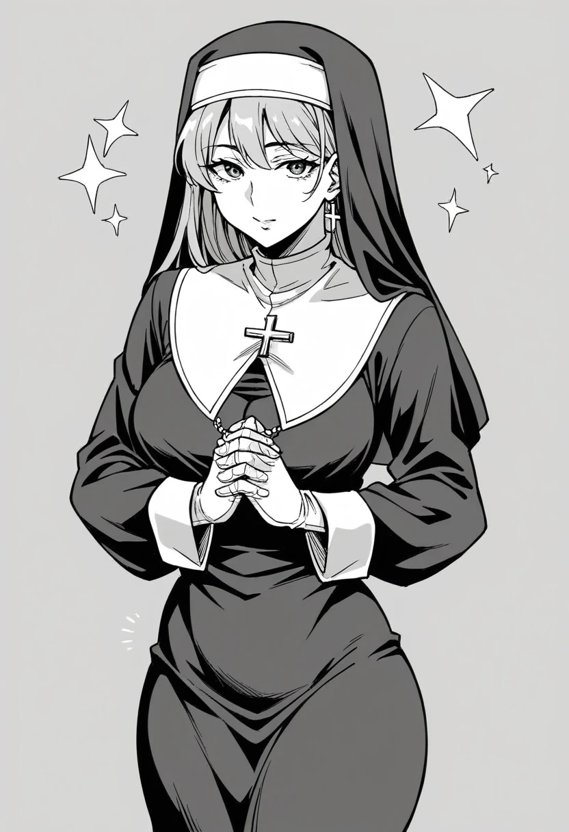 lineart, monochrome, a drawing of a nun with her hands folded in prayer, clean anime outlines, perfect lineart, clean lineart, extremely fine ink lineart, nun outfit, simple lineart, beautiful line art, anime style drawing, thick black lineart, black and white manga style, pin on anime
