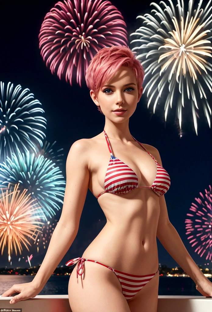 arafed woman with short pink hair, blue eyes, hourglass body in an american flag stamped bikini posing in front of a fireworks display, a colorized photo by Bernardino Mei, reddit, digital art, 4th of july, fourth of july, fireworks in the background, better known as amouranth, firework, stars and stripes, amouranth, fireworks in background, patriotic!, gorgeous bikini model, fireworks