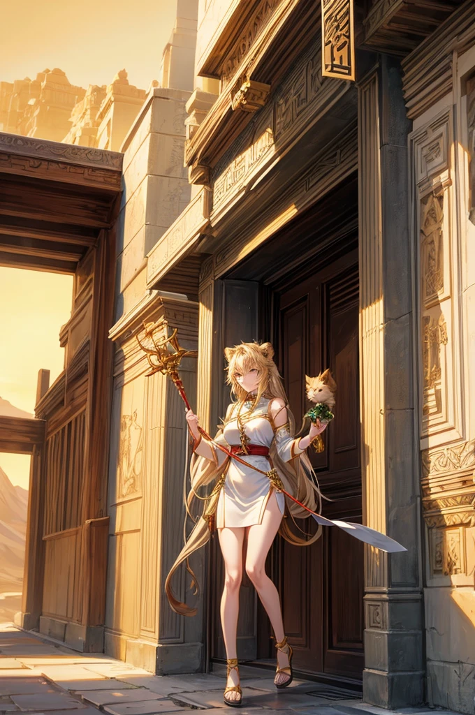A lion neko girl, holding a staff, she is Infront of a temple in the desert, she is a goddess, she is canter image, the temple is in the middle of the desert